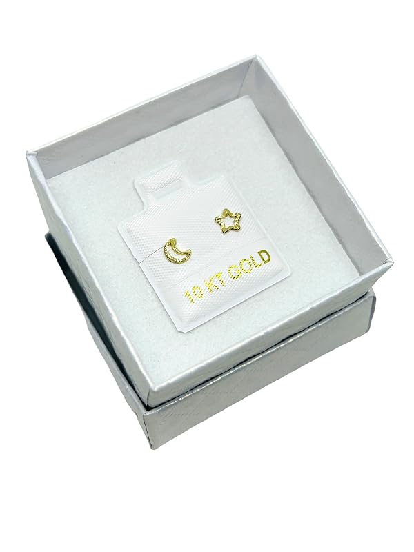 Broquel o Arete Luna y Estrella Contorno Diamantado en Oro 10K Garantizado - Angeles Joyas