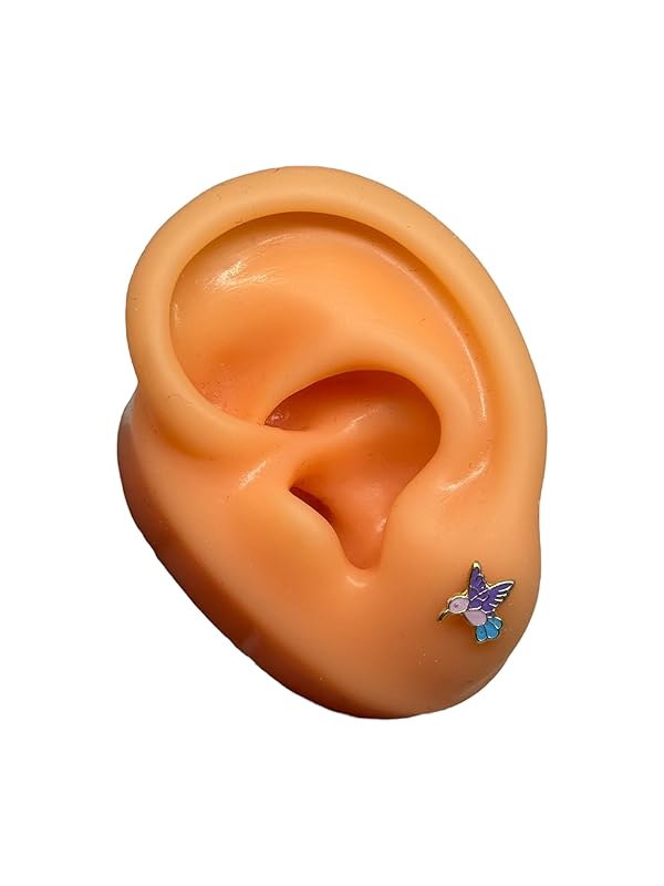 Broquel O Arete Colibrí Esmaltado En Oro 10k Garantizado - Lila