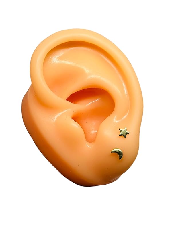 Broquel Arete Luna y Estrella Lisa en Oro 10K Garantizado (Media Oreja o Normal) - Angeles Joyas