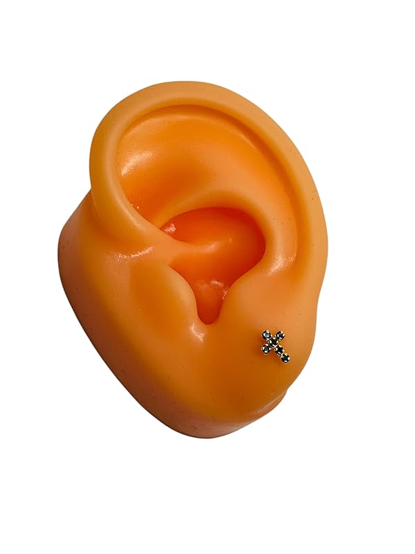 Broquel o Arete Cruz Fina Negro Con Zirconias en Oro 10K Garantizado - Angeles Joyas