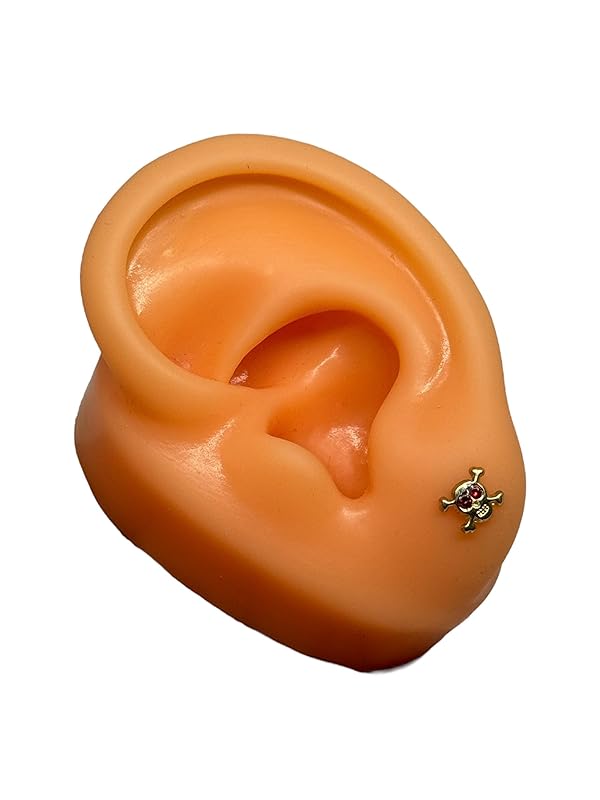 Broquel Arete Calavera Zirconia Roja en Oro 10K Garantizado - Angeles Joyas