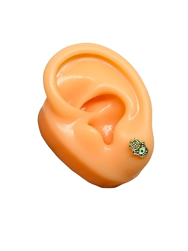 Broquel Arete Mano de Fatima Ojo Verde en Oro 10K Garantizado - Angeles Joyas