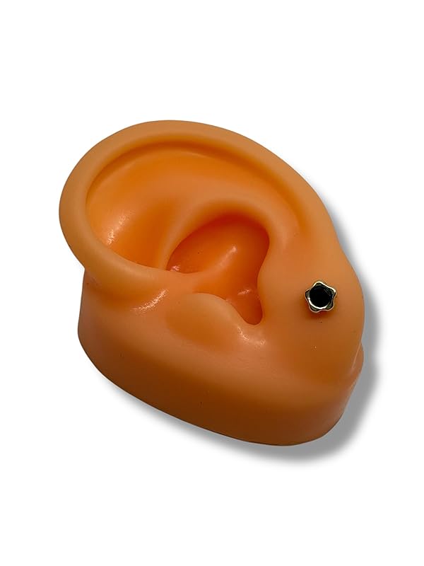 Broquel O Arete Flor Biselada Zirconia Oro 10k Garantizado - Angeles Joyas Negro