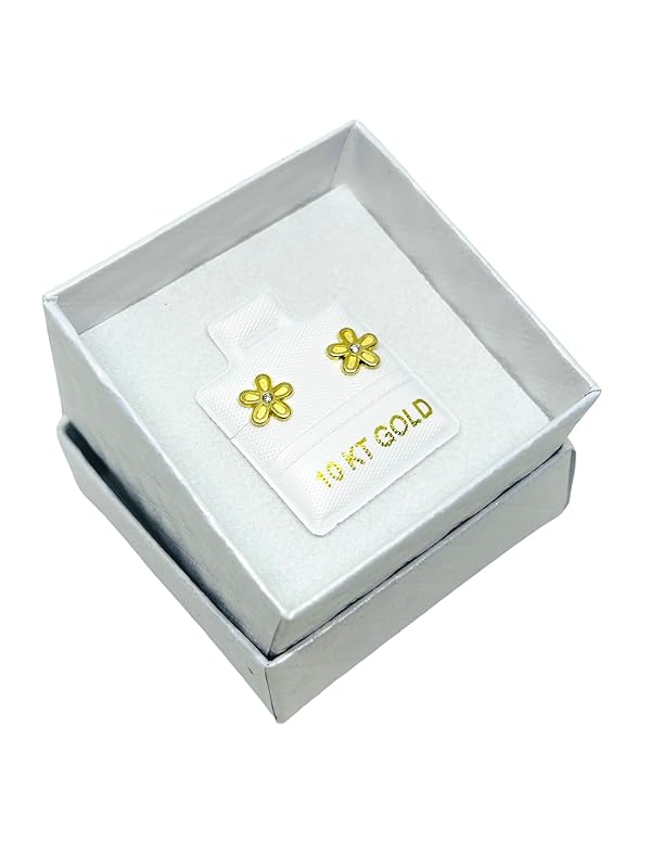 Broquel Arete Flor Margarita con Zirconia en Oro 10K Garantizado - Angeles Joyas