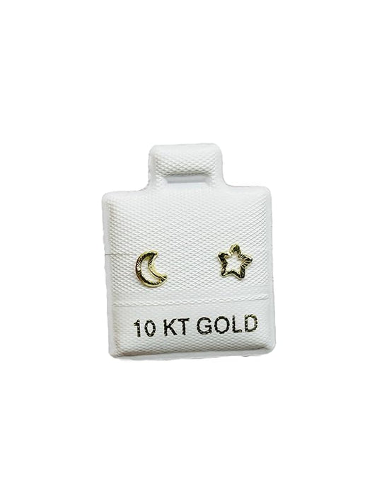 Broquel o Arete Luna y Estrella Contorno Diamantado en Oro 10K Garantizado - Angeles Joyas
