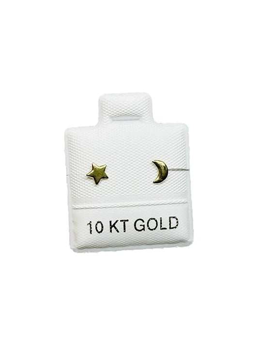 Broquel Arete Luna y Estrella Lisa en Oro 10K Garantizado (Media Oreja o Normal) - Angeles Joyas
