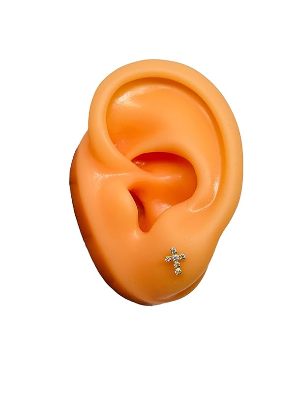 Broquel o Arete Cruz Fina Con Zirconias en Oro 10K Garantizado - Angeles Joyas