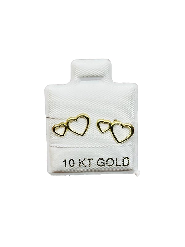 Broquel o Arete Doble Corazon Contorno en Oro 10K Garantizado - Angeles Joyas