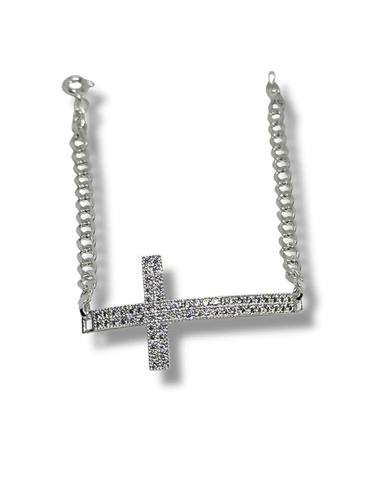Pulsera De Cruz Con Zirconias En Plata 925 Garantizado 20cm - Angeles Joyas