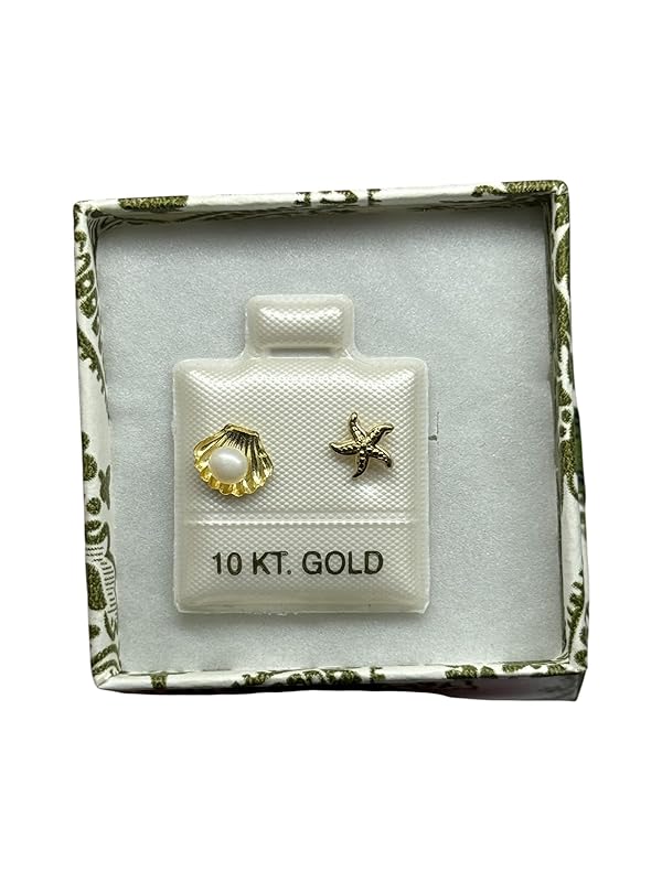 Broquel O Arete Concha Estrella Mar Perla Oro 10k Garantizado - Angeles Joyas