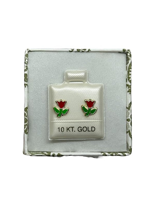 Broquel O Arete Flor Roja Esmaltado En Oro 10k Garantizado