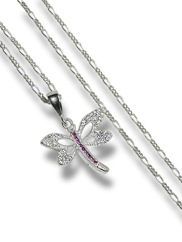 Dije Libélula Con Zirconia Y Cadena Ambos Plata 925 - Angeles Joyas (Rosa)
