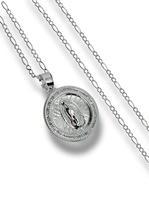 Dije De La Virgen Con Cadena Zirconia Plata 925 Garantizado - Angeles Joyas (Circular)