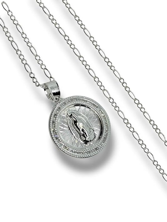 Dije De La Virgen Con Cadena Zirconia Plata 925 Garantizado - Angeles Joyas (Circular)