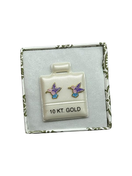 Broquel O Arete Colibrí Esmaltado En Oro 10k Garantizado - Lila