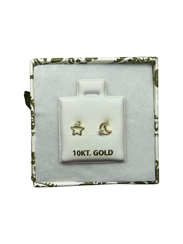 Broquel Luna Y Estrella Contorno con Zirconia en Oro 10k Garantizados - Angeles Joyas