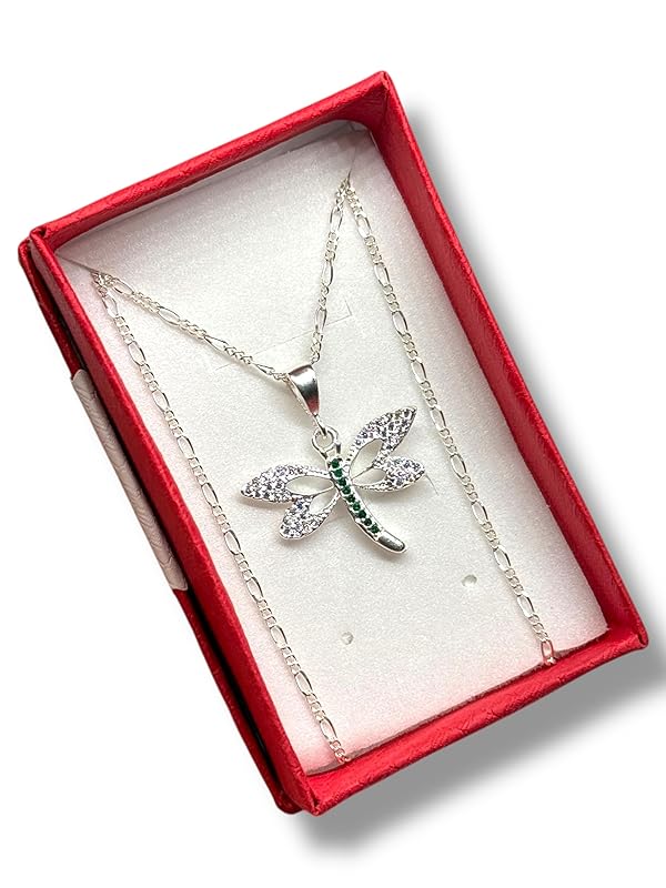 Dije Libélula Con Zirconia Y Cadena Ambos Plata 925- Angeles Joyas (Verde)