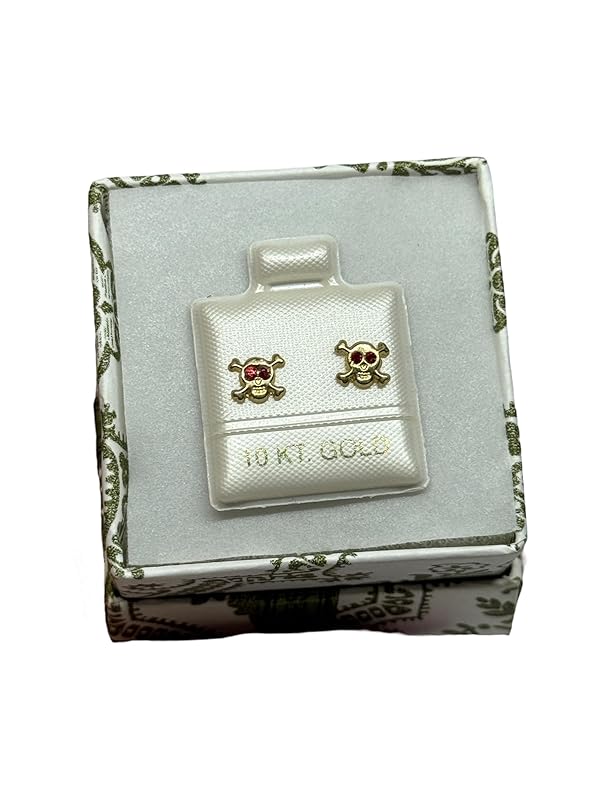 Broquel Arete Calavera Zirconia Roja en Oro 10K Garantizado - Angeles Joyas