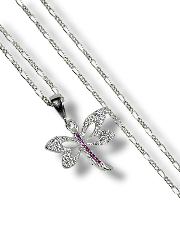 Dije Libélula Con Zirconia Y Cadena Ambos Plata 925 - Angeles Joyas (Rosa)
