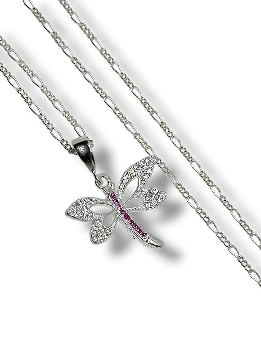 Dije Libélula Con Zirconia Y Cadena Ambos Plata 925 - Angeles Joyas (Rosa)