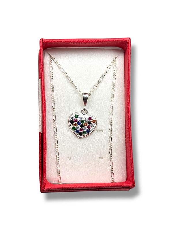Dije Corazon Colores Con Cadena Zirconia Plata 925 Garantizado - Angeles Joyas