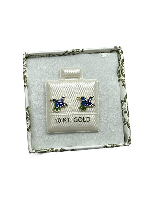 Broquel O Arete Colibrí Esmaltado En Oro 10k Garantizado - Azul