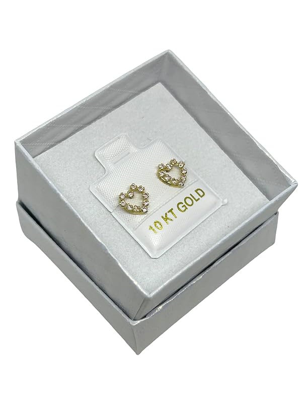 Broquel o Arete Corazon Contorno con Zirconias en Oro 10K Garantizado - Rosa