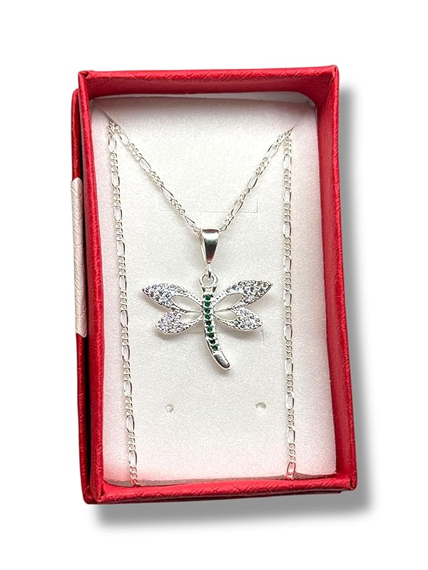 Dije Libélula Con Zirconia Y Cadena Ambos Plata 925- Angeles Joyas (Verde)