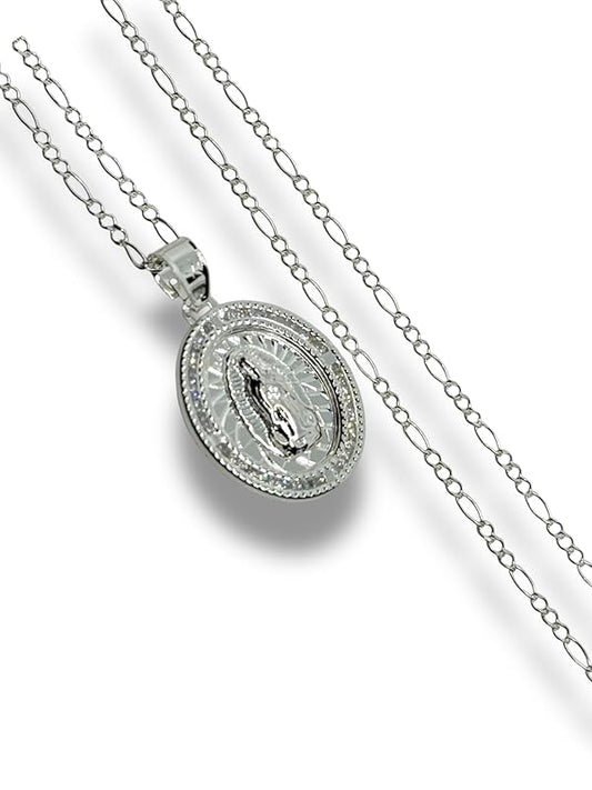 Dije De La Virgen Con Cadena Zirconia Plata 925 Garantizado - Angeles Joyas (Ovalada)