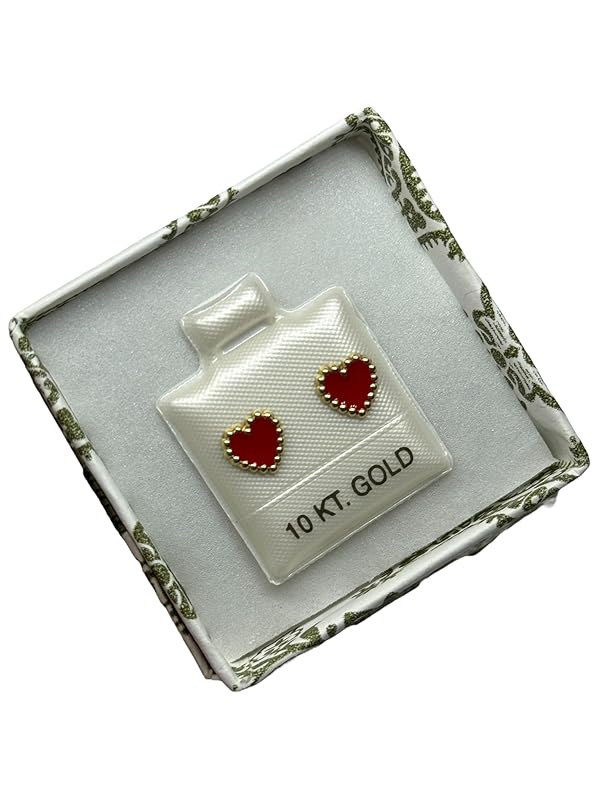 Broquel O Arete Corazon Esmaltado En Oro 10k Garantizado (Rojo)