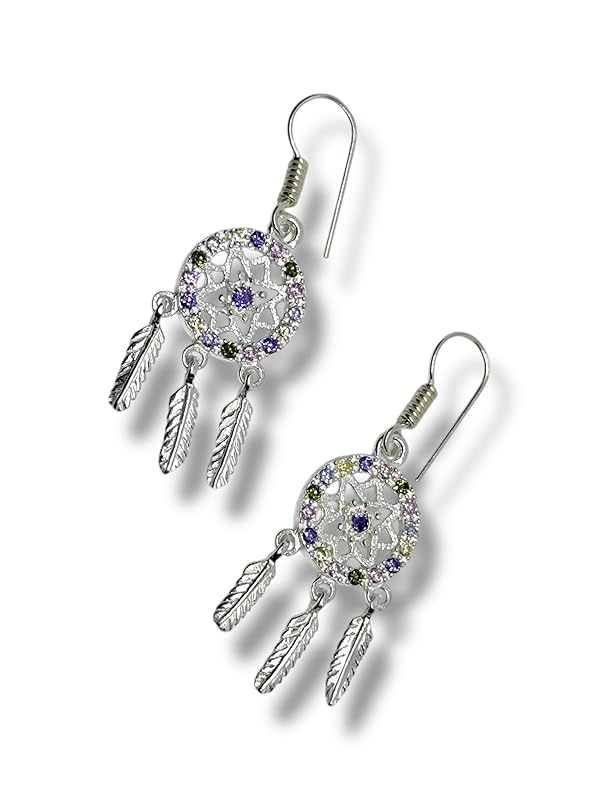 Arete Gancho Largo Atrapasueños Con Zirconias En Plata 925 - Angeles Joyas (Colores)