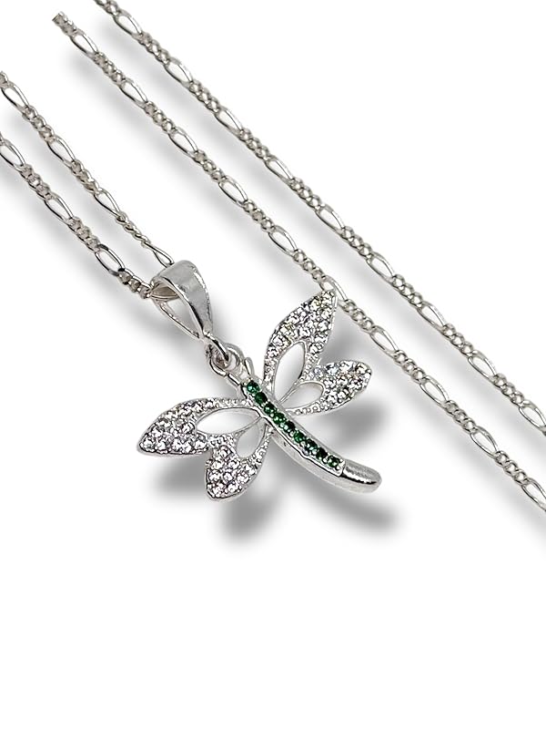 Dije Libélula Con Zirconia Y Cadena Ambos Plata 925- Angeles Joyas (Verde)