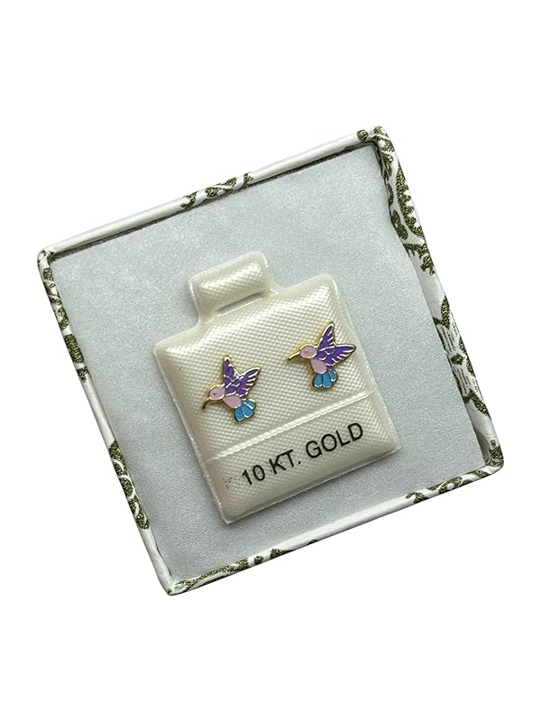 Broquel O Arete Colibrí Esmaltado En Oro 10k Garantizado - Lila