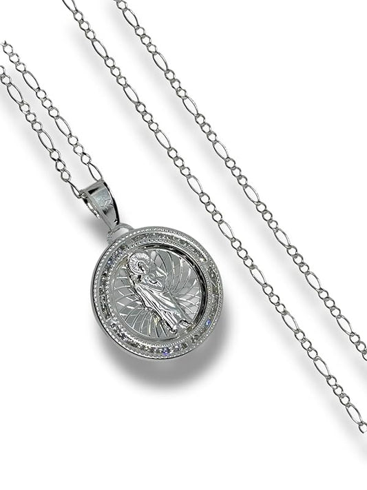 Dije Medalla De San Judas Con Cadena Zirconia Plata 925 - Angeles Joyas (Circular)