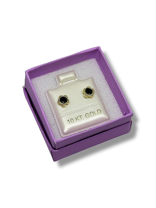 Broquel O Arete Flor Biselada Zirconia Oro 10k Garantizado - Angeles Joyas Negro