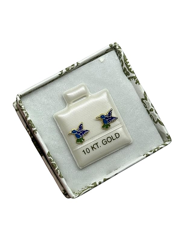 Broquel O Arete Colibrí Esmaltado En Oro 10k Garantizado - Azul