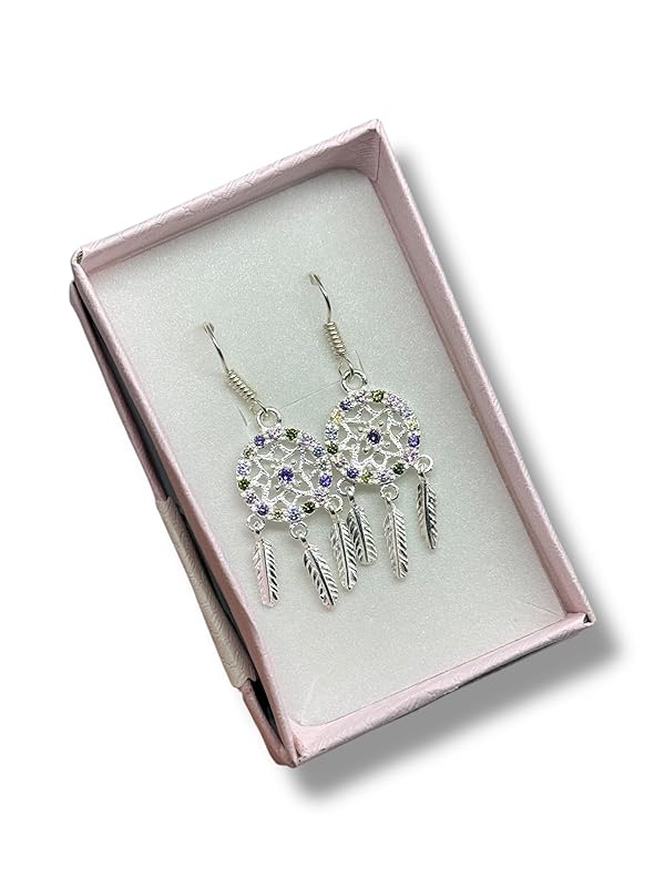 Arete Gancho Largo Atrapasueños Con Zirconias En Plata 925 - Angeles Joyas (Colores)