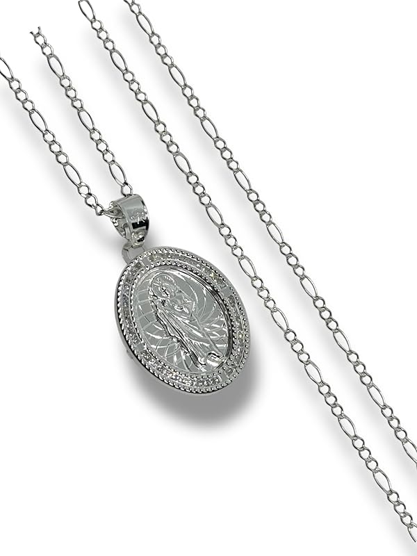 Dije Medalla De San Judas Con Cadena Zirconia Plata 925 - Angeles Joyas (Ovalada)