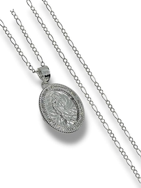 Dije Medalla De San Judas Con Cadena Zirconia Plata 925 - Angeles Joyas (Ovalada)