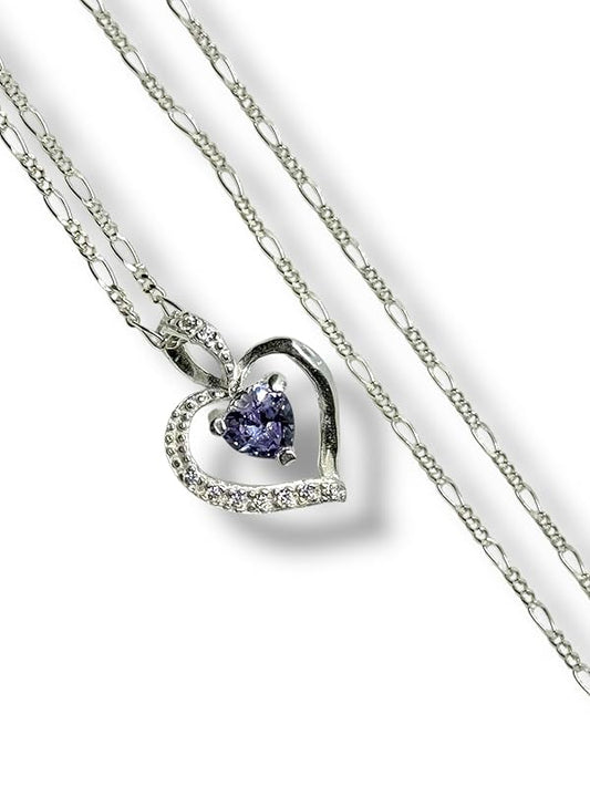 Dije Corazon Con Zirconia Y Cadena Ambos En Plata 925 - Angeles Joyas (Morado)