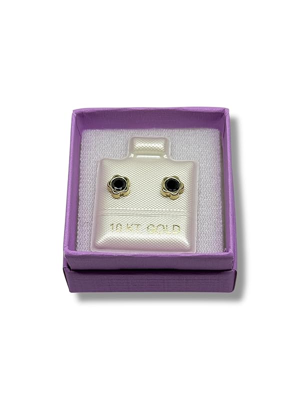 Broquel O Arete Flor Biselada Zirconia Oro 10k Garantizado - Angeles Joyas Negro