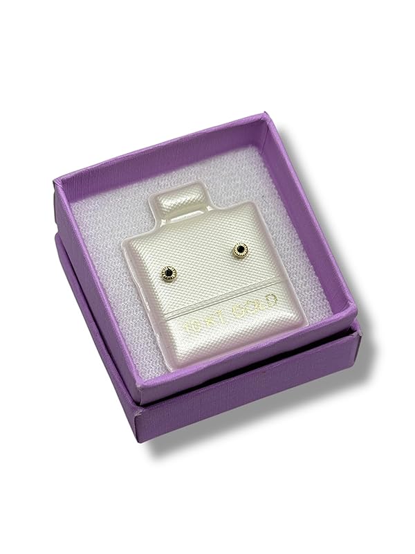 Broquel O Arete Biselado Redondo Para Bebe Zirconia Oro 10k - Angeles Joyas (Negro)