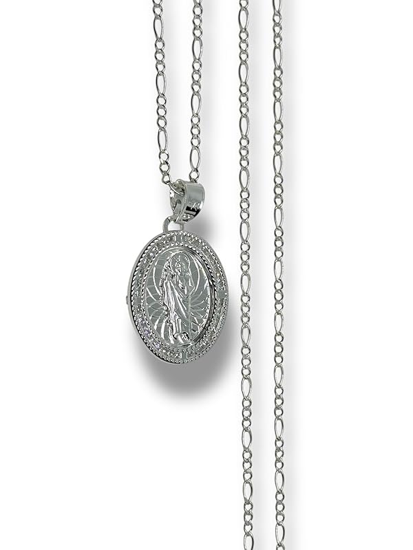 Dije Medalla De San Judas Con Cadena Zirconia Plata 925 - Angeles Joyas (Ovalada)
