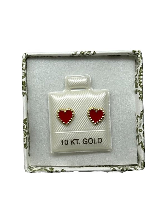 Broquel O Arete Corazon Esmaltado En Oro 10k Garantizado (Rojo)