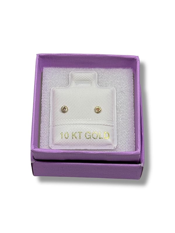 Broquel O Arete Biselado Redondo Para Bebe Zirconia Oro 10k - Angeles Joyas (Rosa)