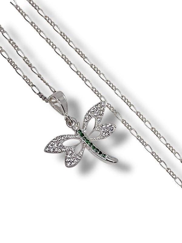 Dije Libélula Con Zirconia Y Cadena Ambos Plata 925- Angeles Joyas (Verde)