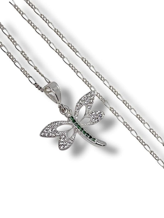 Dije Libélula Con Zirconia Y Cadena Ambos Plata 925- Angeles Joyas (Verde)
