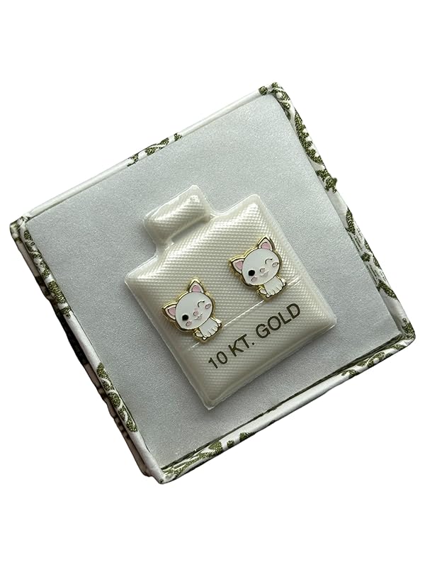 Broquel O Arete Gato Blanco Esmaltado En Oro 10k Garantizado