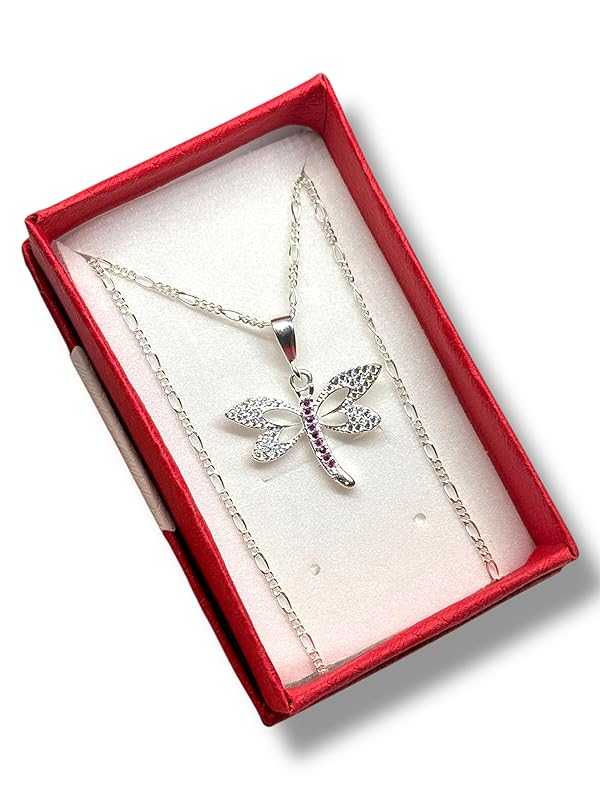 Dije Libélula Con Zirconia Y Cadena Ambos Plata 925 - Angeles Joyas (Rosa)