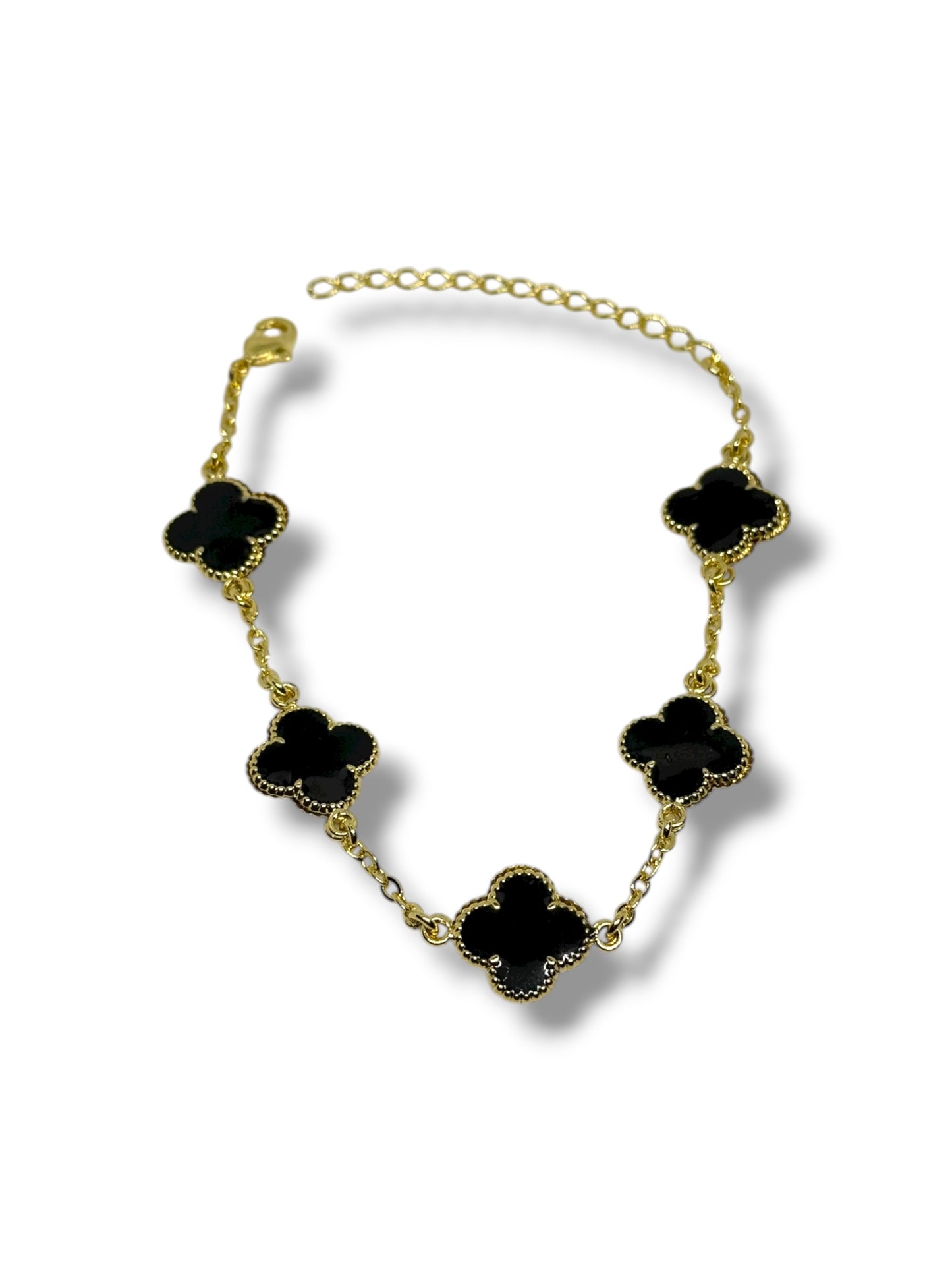 Pulsera Ajustable Flor Marca Trébol Chapa Oro Laminado 14k (Negro)